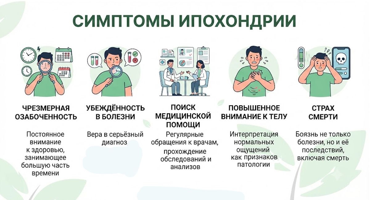 Инфографика: основные симптомы ипохондрии — чрезмерная озабоченность здоровьем, убежденность в болезни, поиск врачей, внимание к телу и страх смерти.